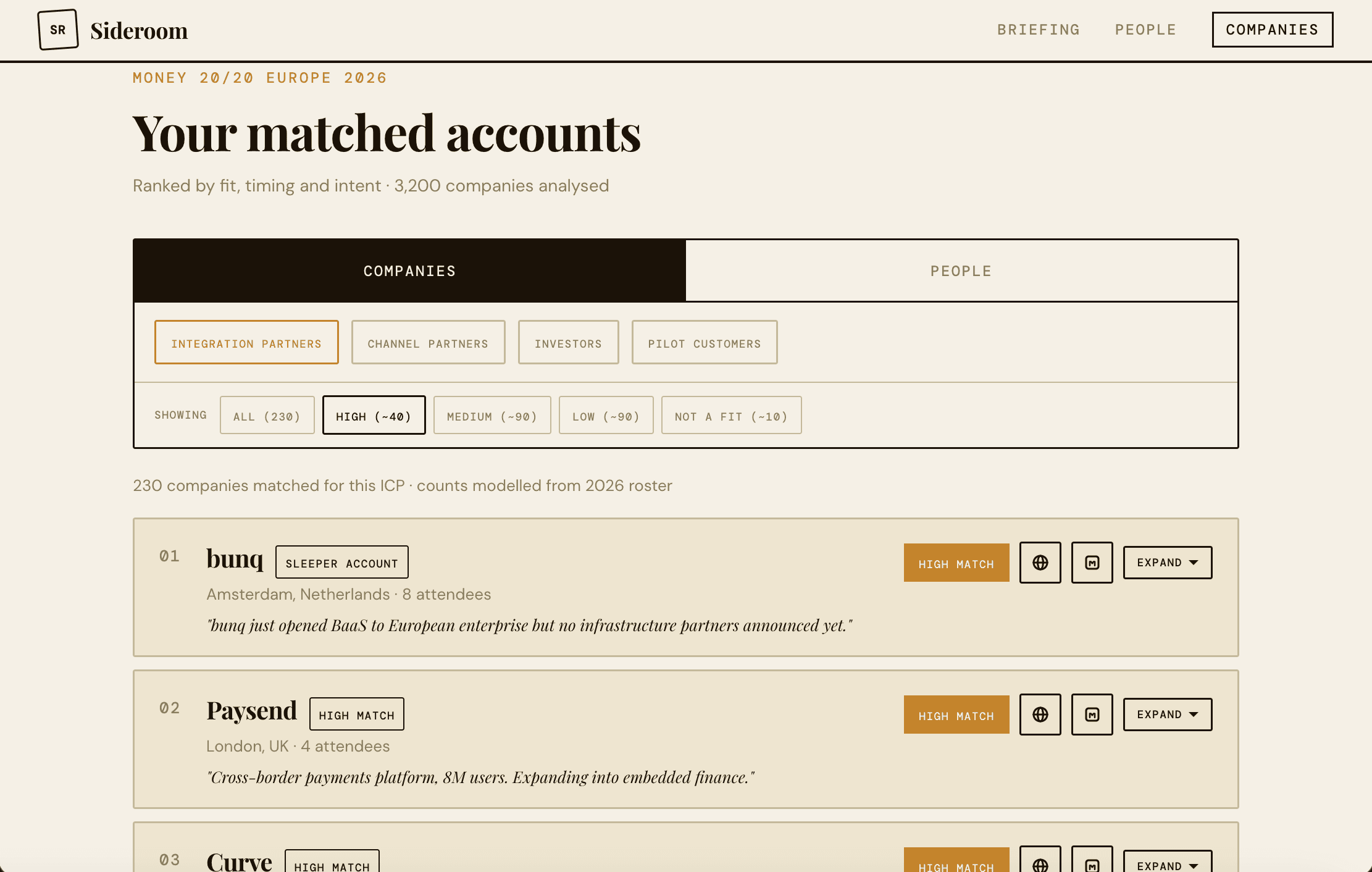 Sideroom matched accounts list showing companies ranked by ICP fit with filter tabs for integration partners, channel partners, investors, and pilot customers