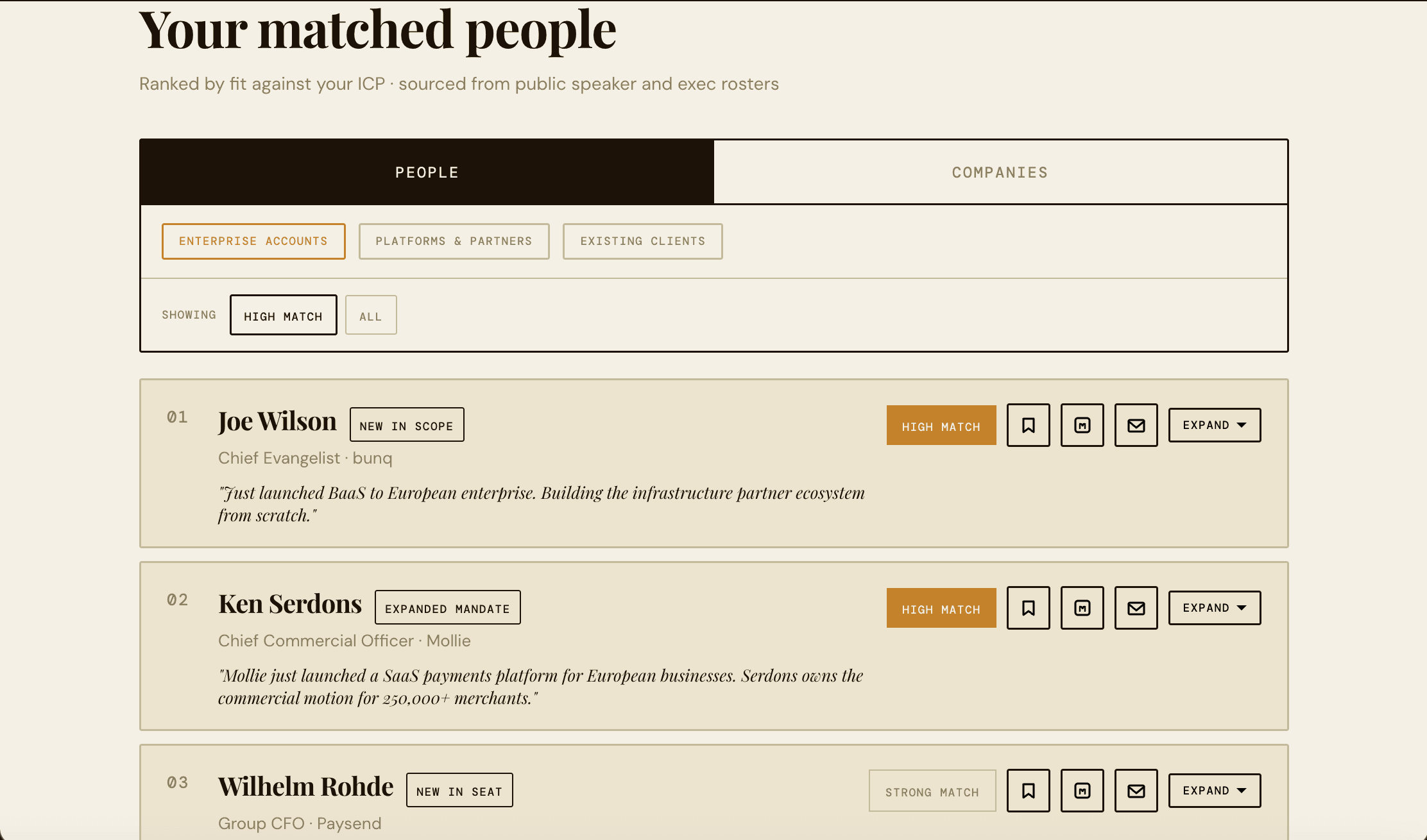 Sideroom matched people list showing contacts ranked by fit with status tags including new in scope, expanded mandate, and new in seat